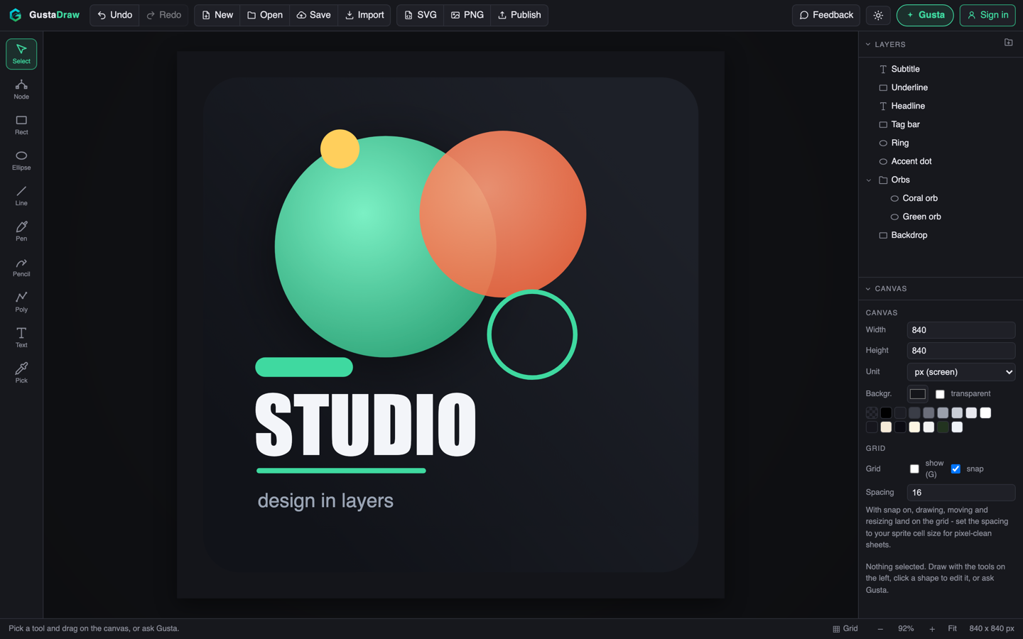 A poster composition in Gusta Draw with gradient shapes and a STUDIO headline, built from editable vector layers