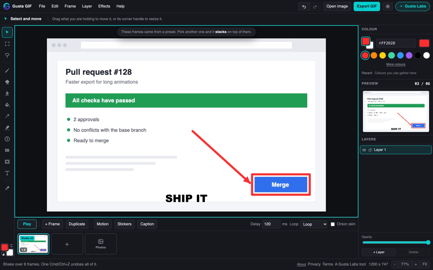 A mock pull request screenshot annotated in Gusta GIF: a red arrow and a red box on the Merge button, a SHIP IT caption, a six-frame shake in the frame strip and the GIF playing in the preview panel