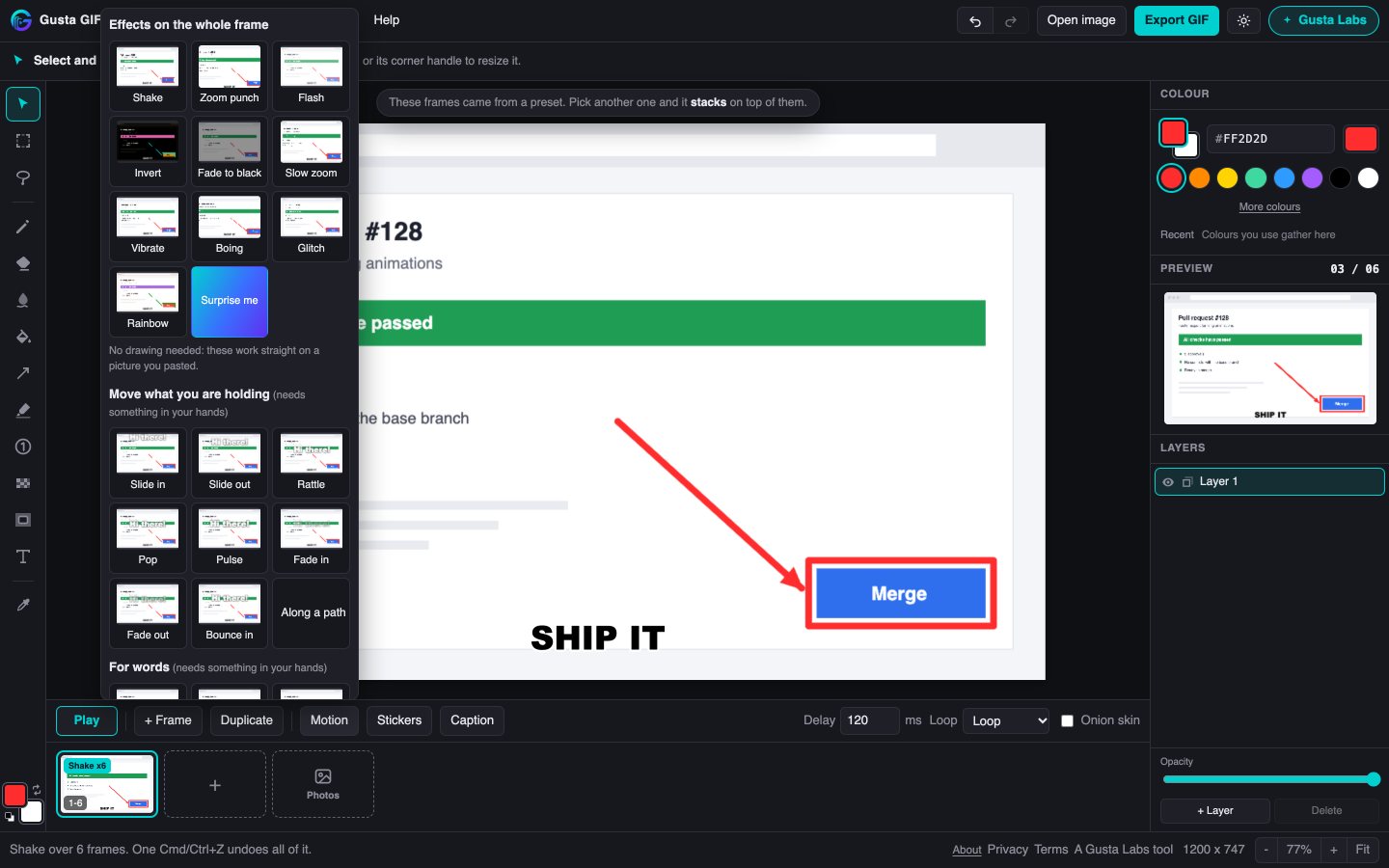 The Effects and Motion panel open in Gusta GIF, with every effect and motion preset shown as a small tile playing on the pull request screenshot