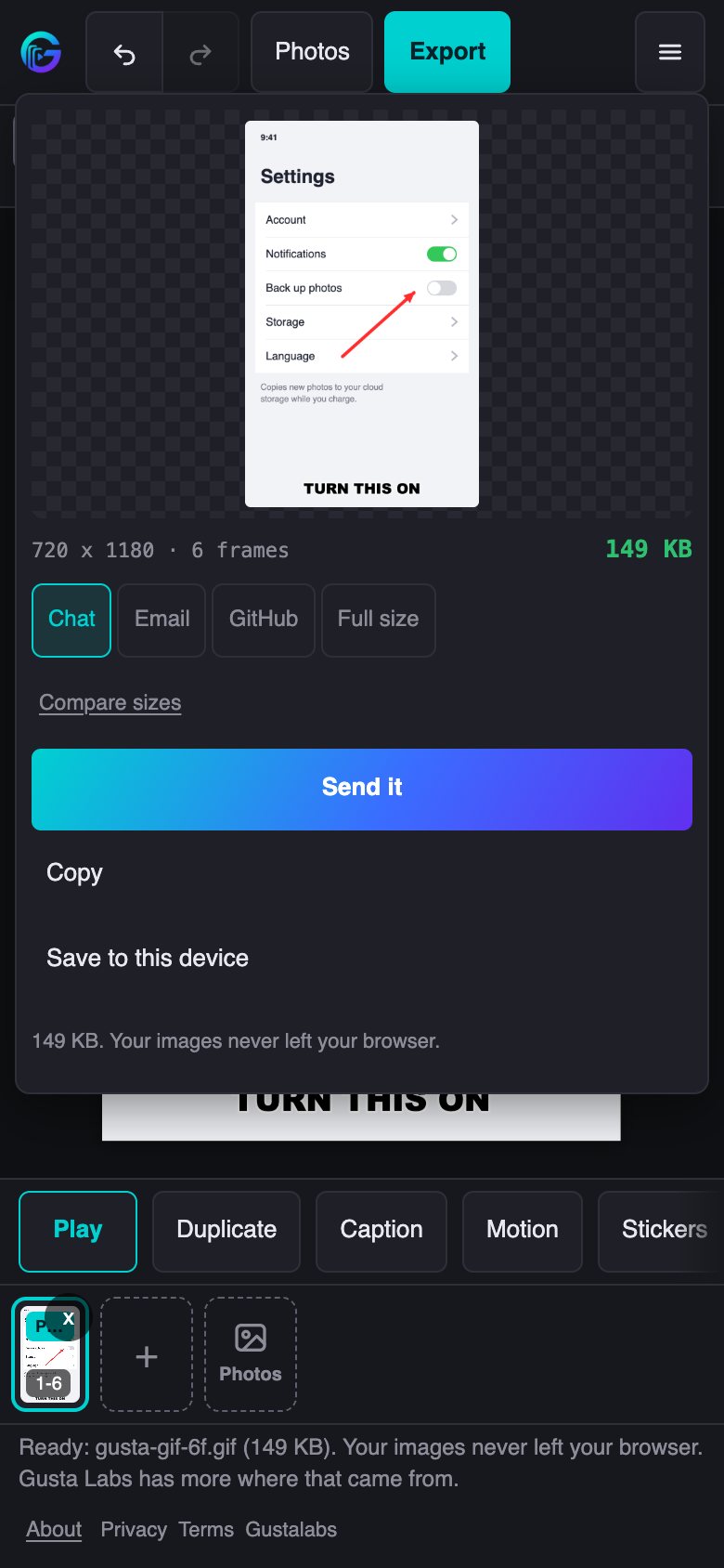 The Gusta GIF export panel on a phone: the GIF playing, 720 by 1180 pixels over six frames at 149 KB, the Chat, Email, GitHub and Full size targets, and Send it, Copy and Save to this device