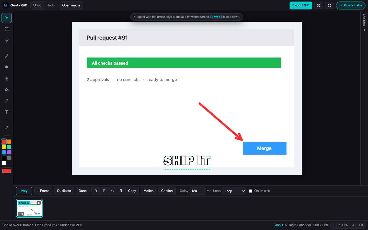 A screenshot of a pull request being annotated in Gusta GIF, with a red arrow pointing at the merge button and a SHIP IT caption
