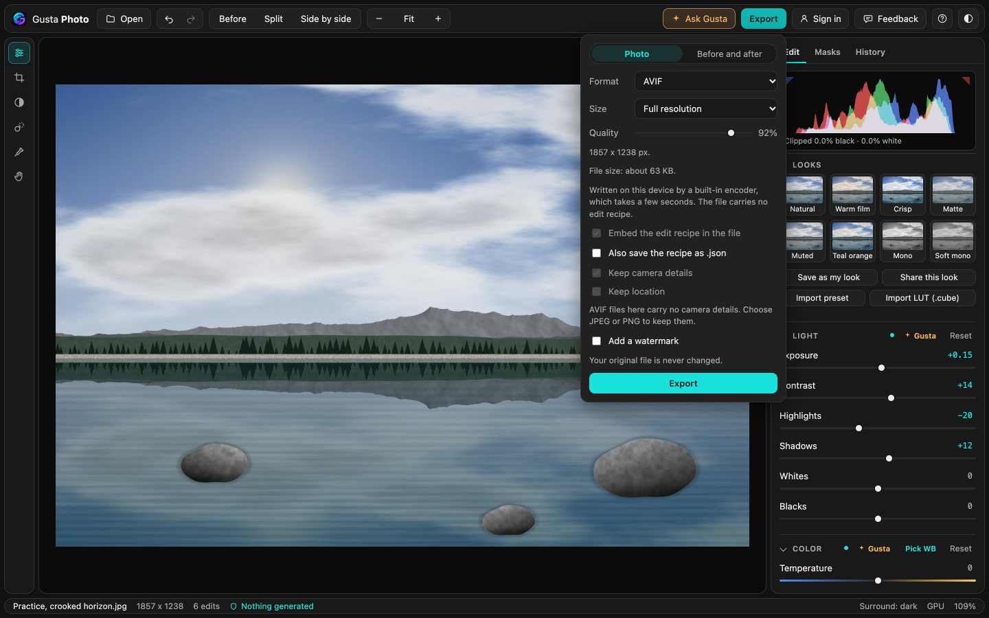 The export panel over the leveled crooked horizon practice photo: AVIF at full resolution, 1857 by 1238 pixels and about 63 KB, written on this device by a built-in encoder, a note that AVIF carries no camera details, and Add a watermark unticked