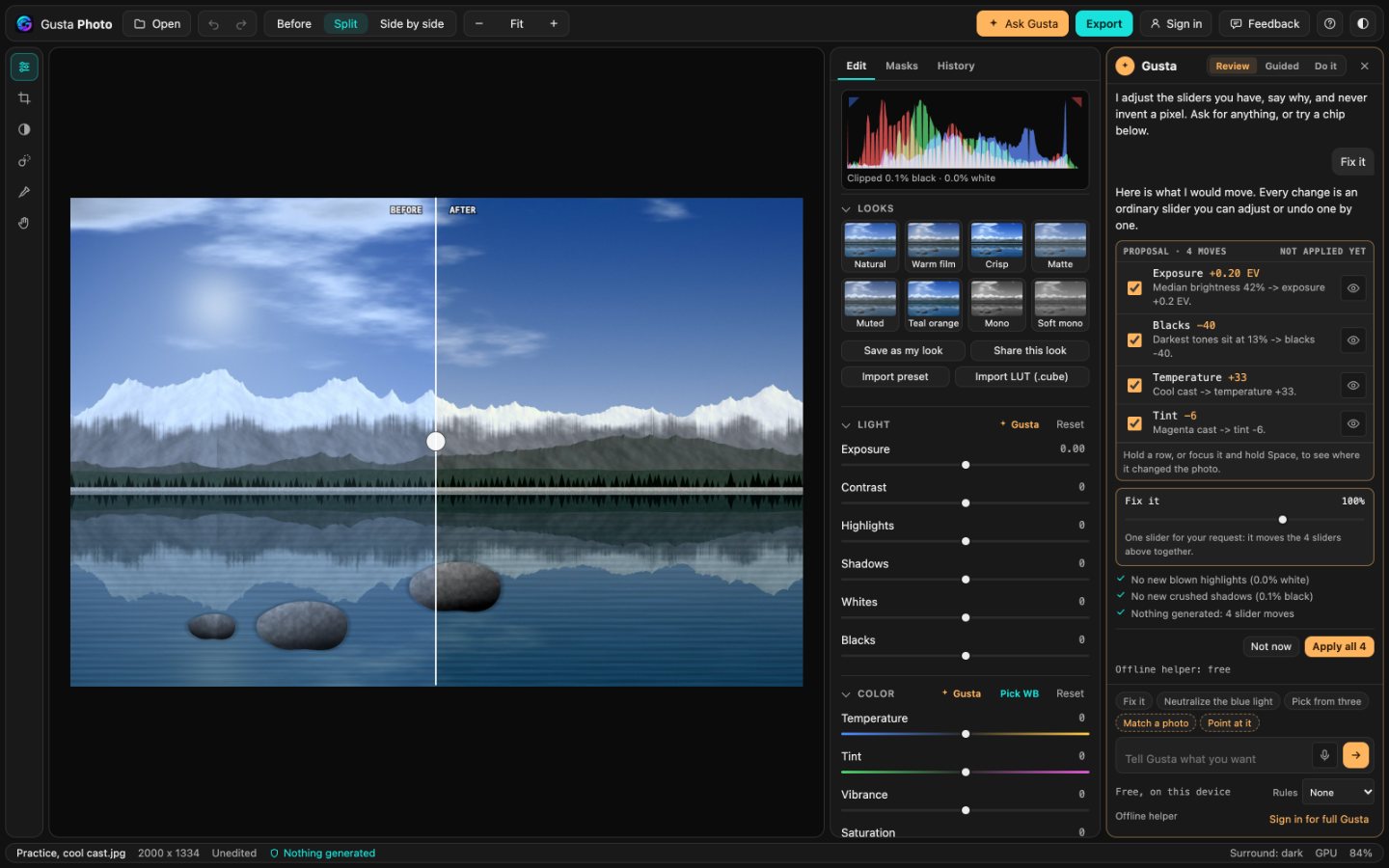 A mountain lake practice photo in Gusta Photo, split before and after, with Gusta's proposal beside it: four slider moves, each with the measurement behind it, not applied yet