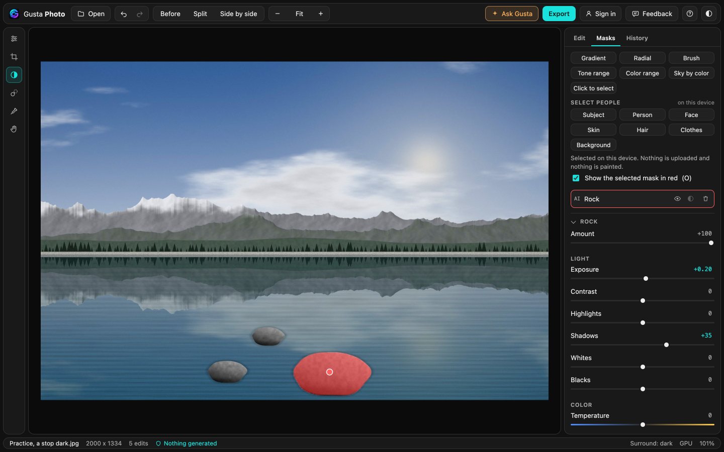 Tap to select on the practice photo that came out a stop dark: one tapped rock in the lake selected and shown in red, with its own shadows, exposure and texture sliders in the Masks panel