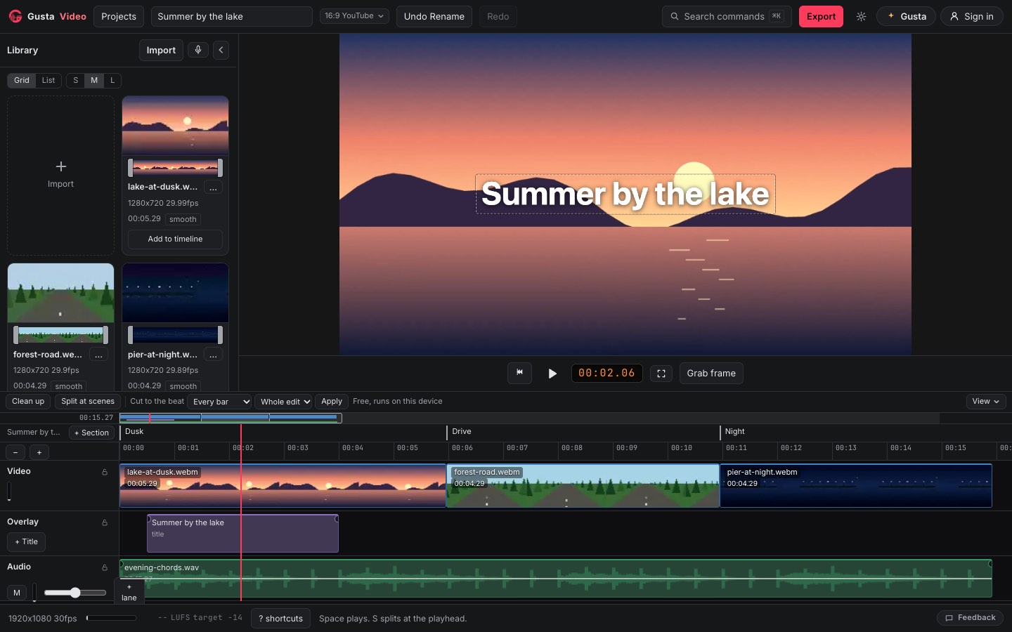 Gusta Video with three short scenes cut in order on the timeline, a lake at dusk, a forest road and a pier at night, under the sections Dusk, Drive and Night, with the title Summer by the lake over the opening in the preview and a music clip on the audio lane under all three